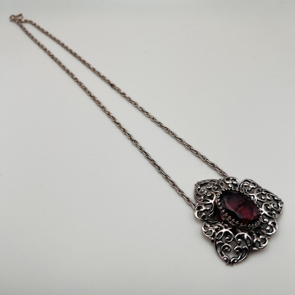 Vintage Filigree Faux Amethyst Necklace Purple Stone Statement Silver Tone